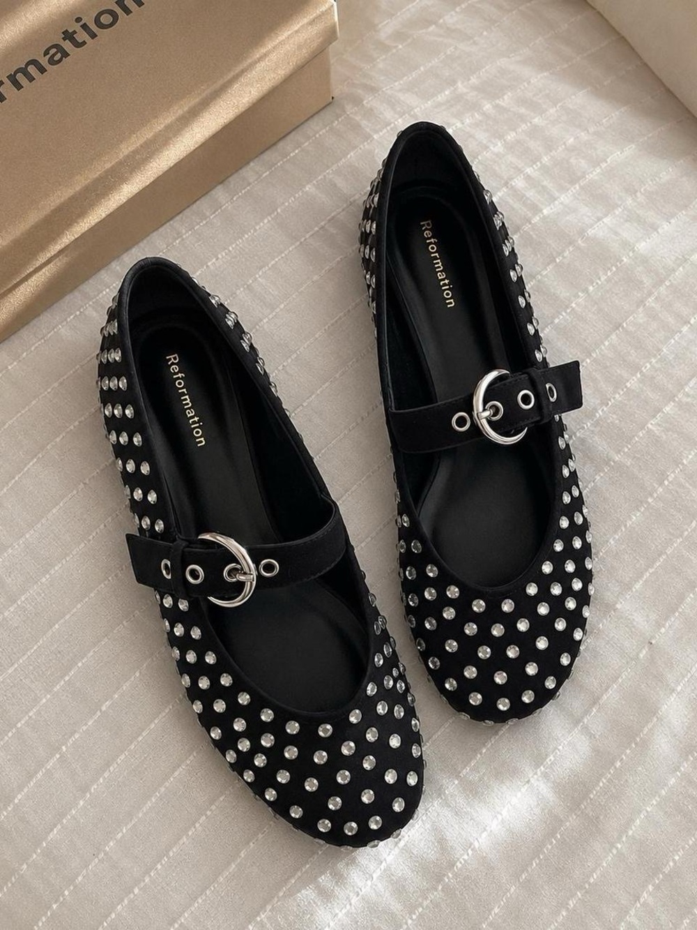 🖤 REFORMATION • Bethany Ballet Flats in Black with Rhinestones